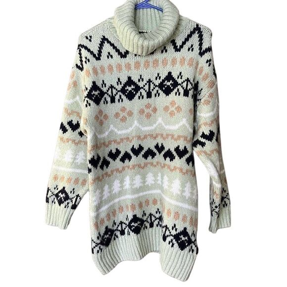 Anthropologie Fair Isle Mint Green Turtleneck Nordic Pattern Tunic Sweater - Picture 2 of 11